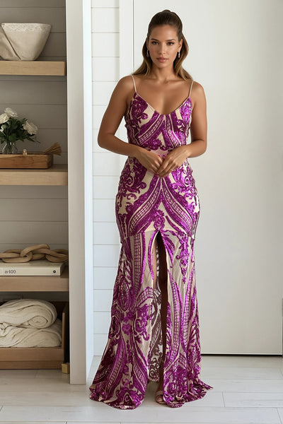 nude and fuchsia maxi dress with front slit
