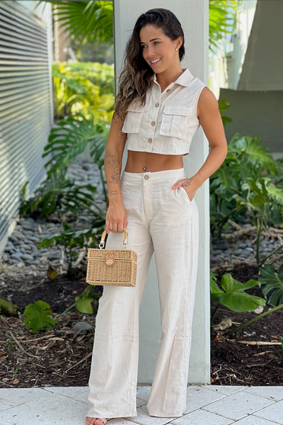 oatmeal button down top and pants set