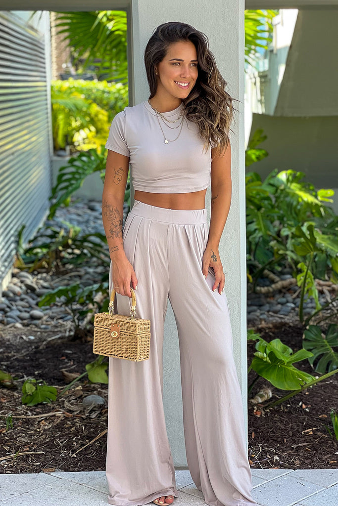 high waisted dress pants with crop top Taupe Halter Neck Linen Crop Top With High Waisted Pants main image 1
