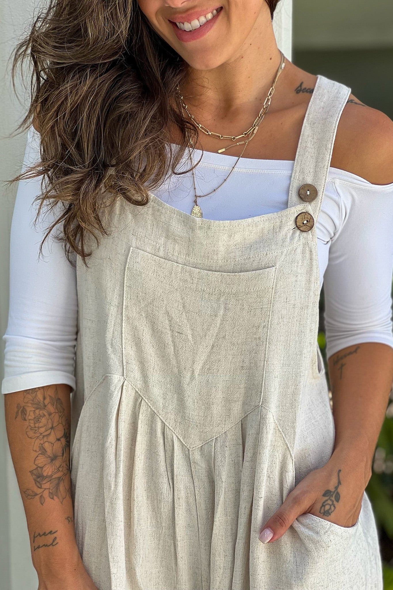 oatmeal overalls with front pocket