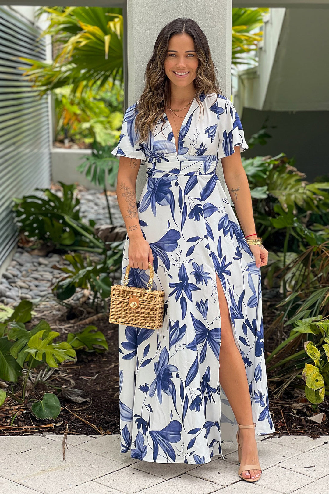 white christmas dresses Off White And Blue Floral Maxi Dress With Slit