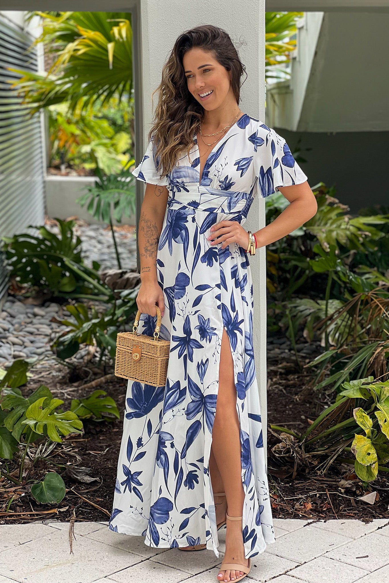 off white and blue floral maxi dress with slit