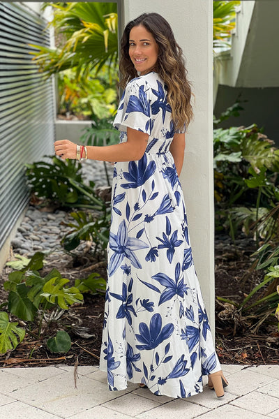 off white and blue floral maxi dress