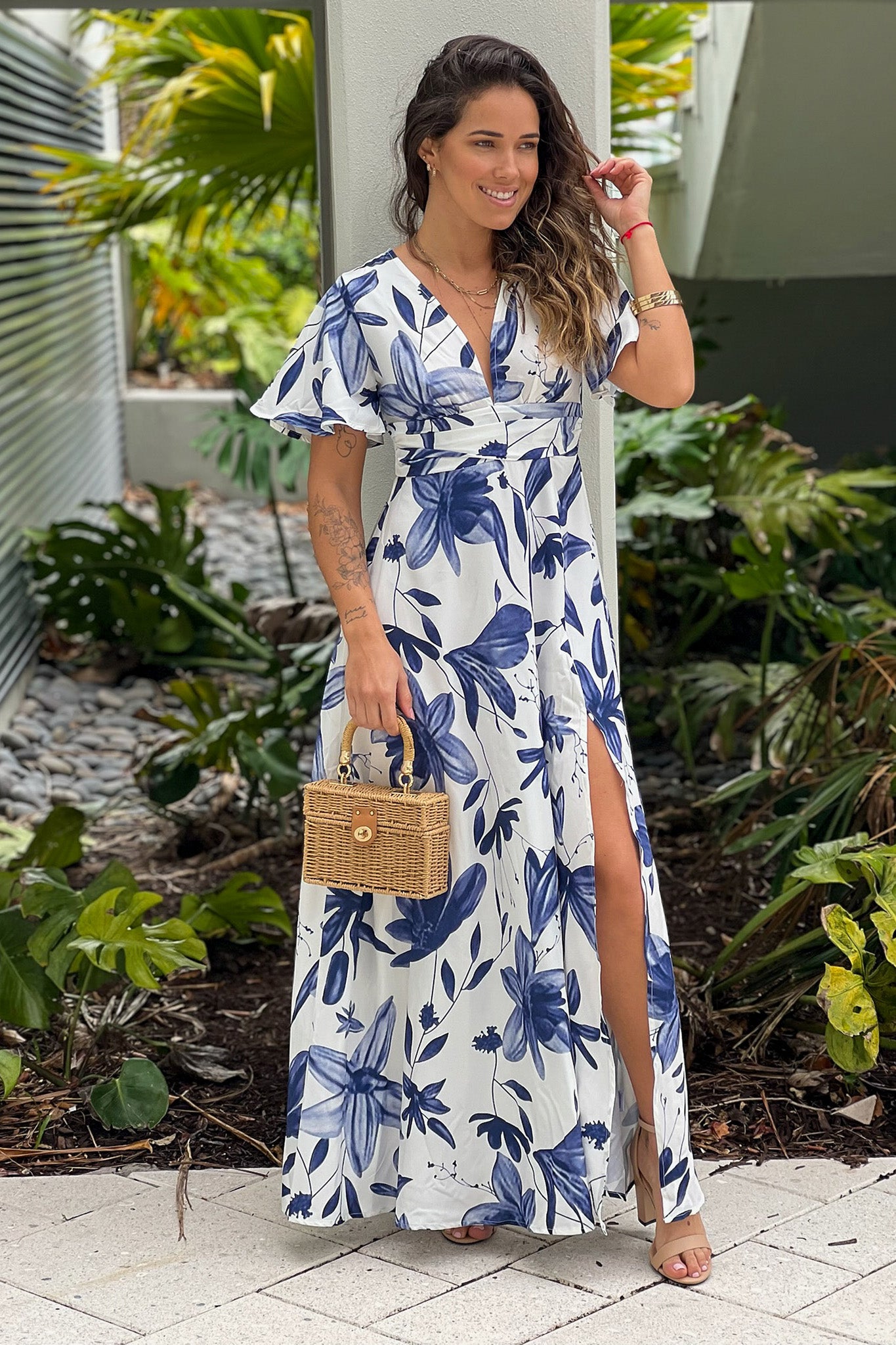 off white and blue maxi dress