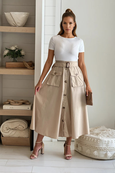 off white and taupe dress with belt