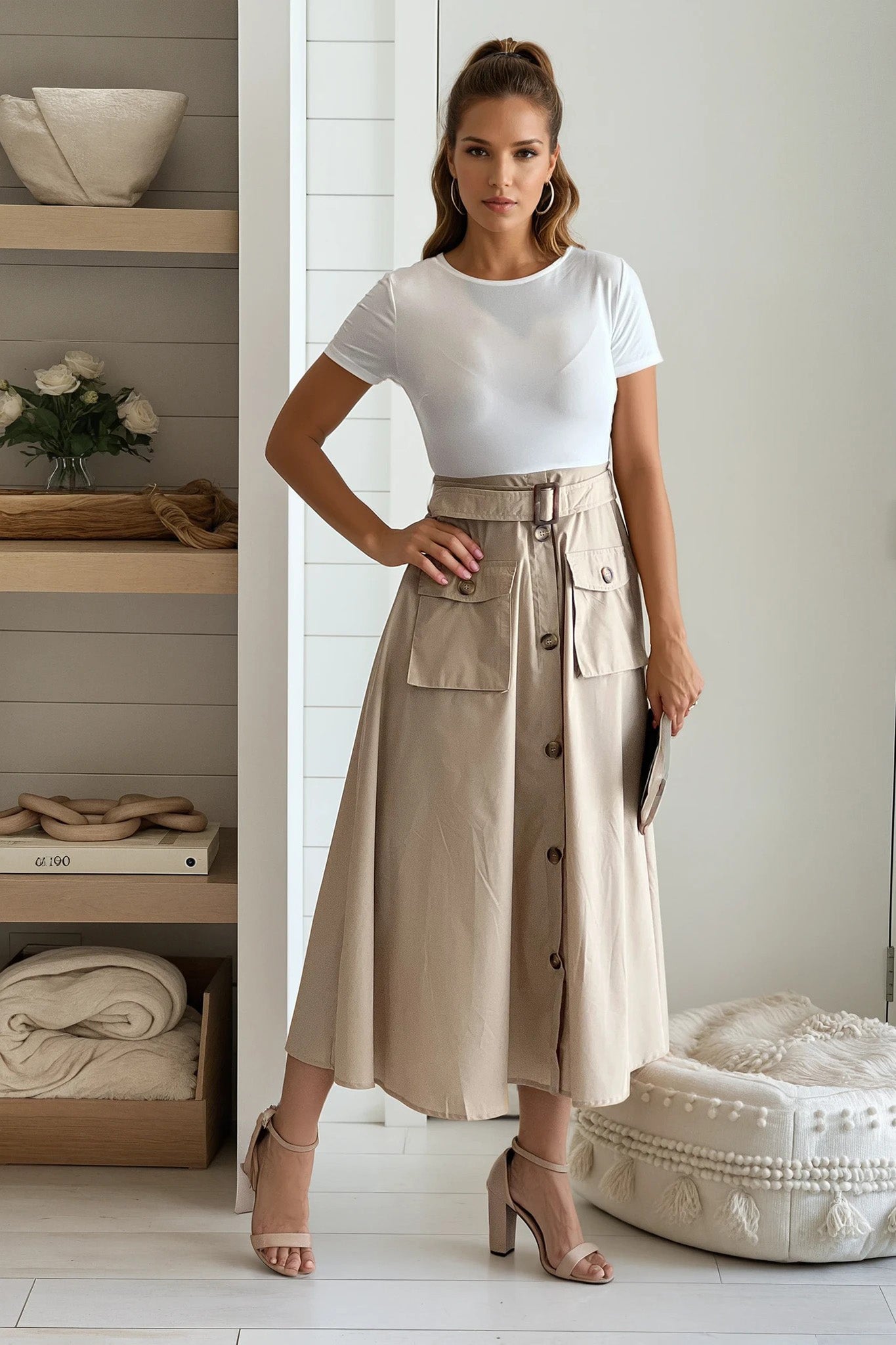 off white and taupe dress with pockets