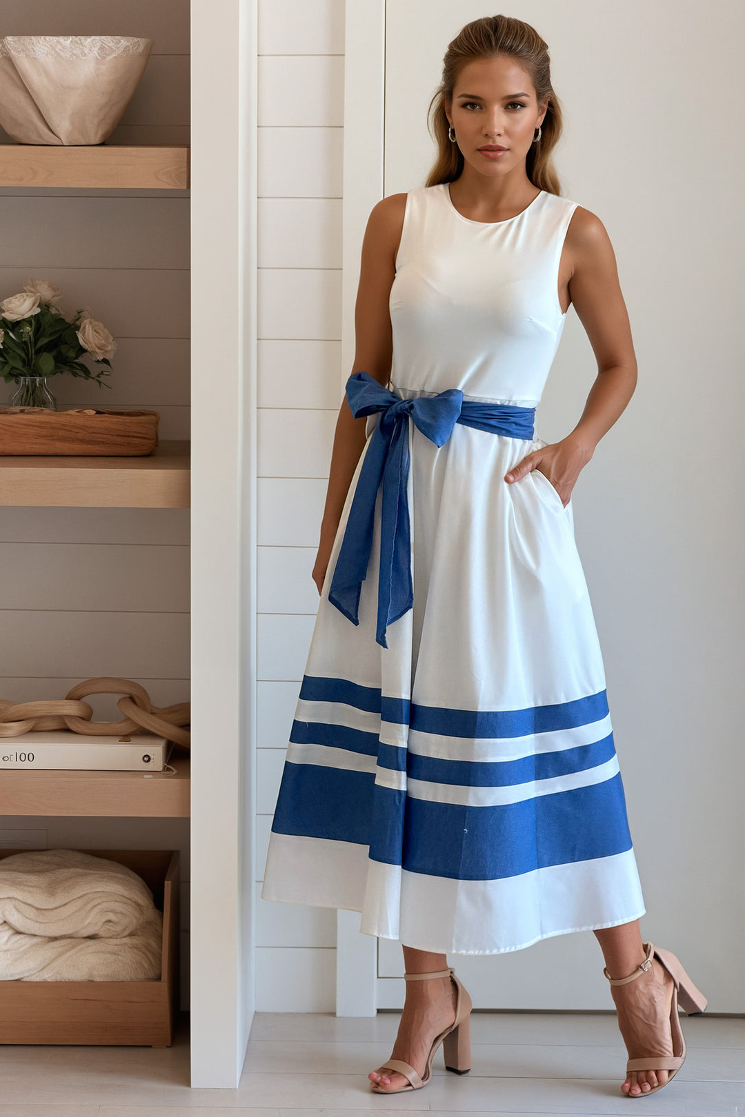 Off White Color Block Flared Midi Dress