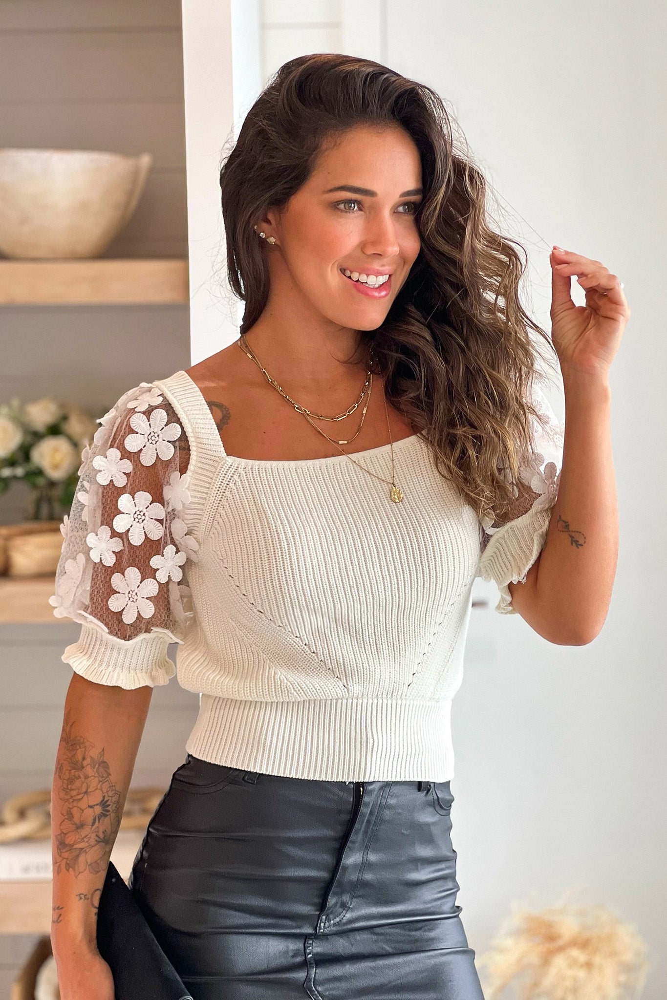 off white floral lace sleeve knit top