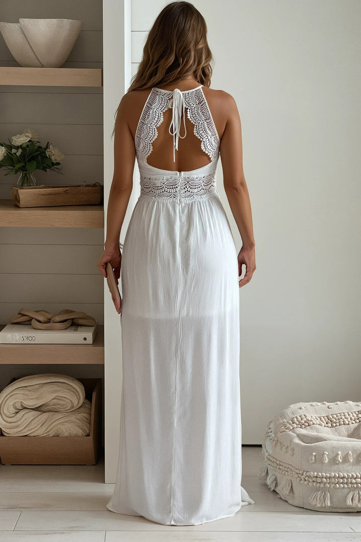Off White Smocked Top Maxi Dress With Crochet Back