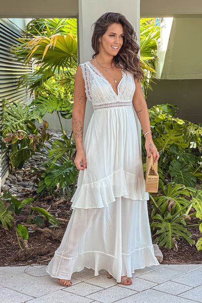 off white maxi dress with lace top and back bow