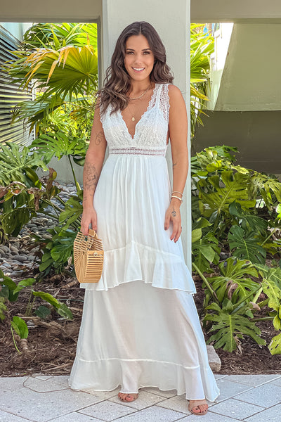off white maxi dress with lace top