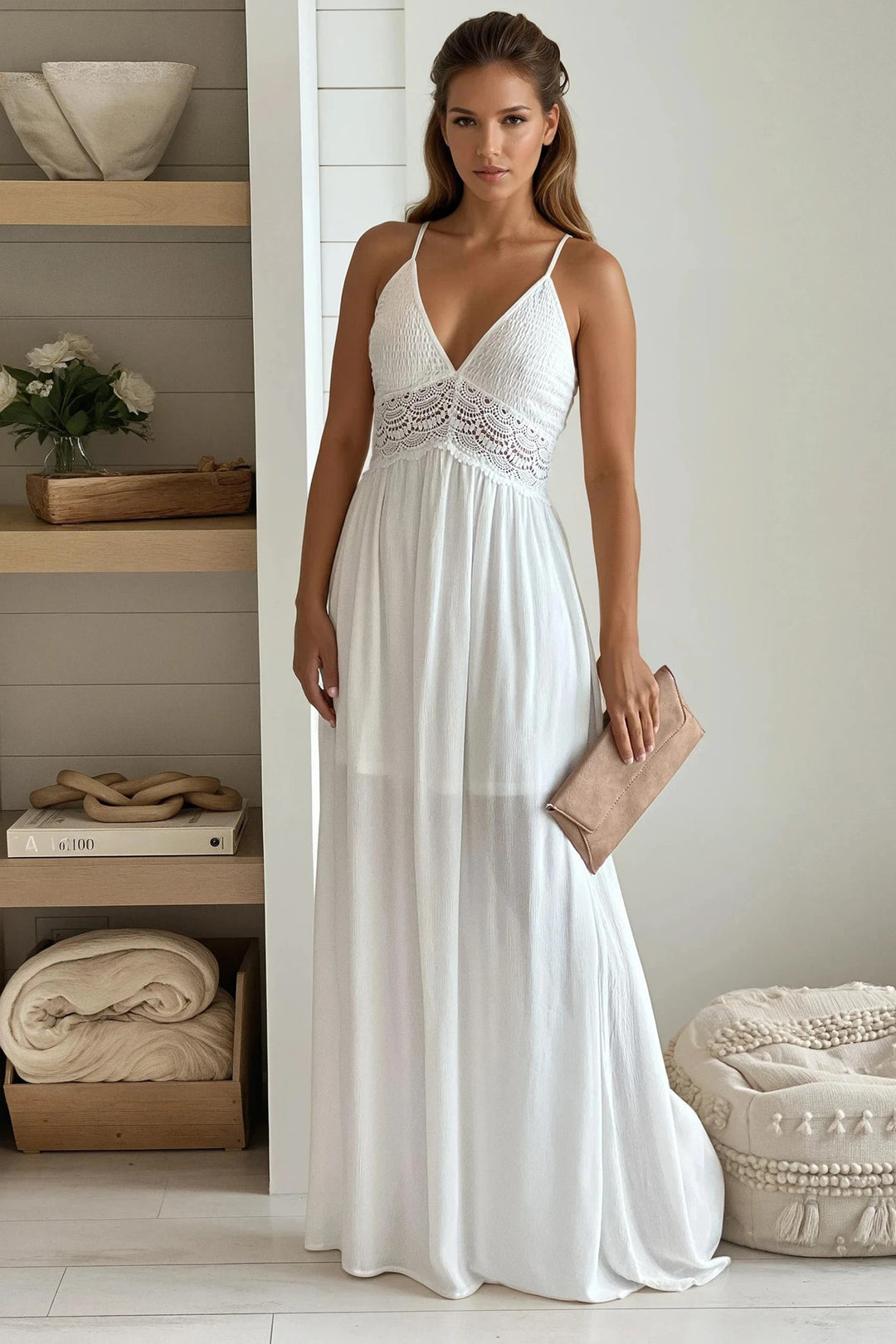 Off White Smocked Top Maxi Dress With Crochet Back