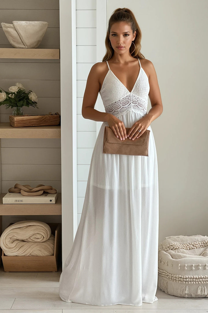 Off White Smocked Top Maxi Dress With Crochet Back