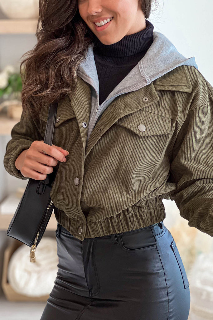 Olive Inside Hoodie Corduroy Jacket | Jackets – Saved by the Dress