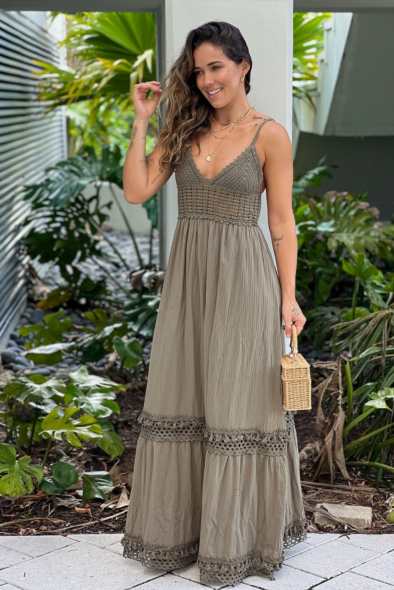 olive maxi dress with crochet top