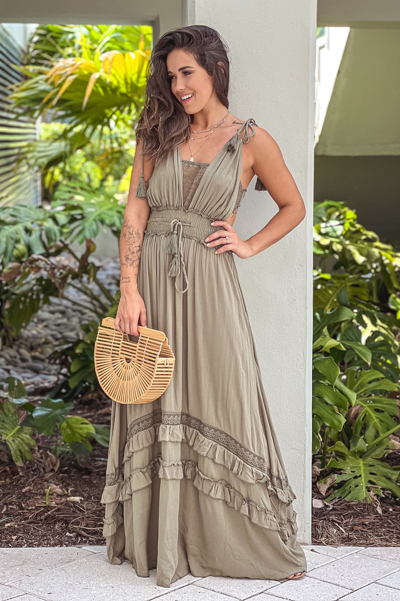 olive maxi dress with lace detail