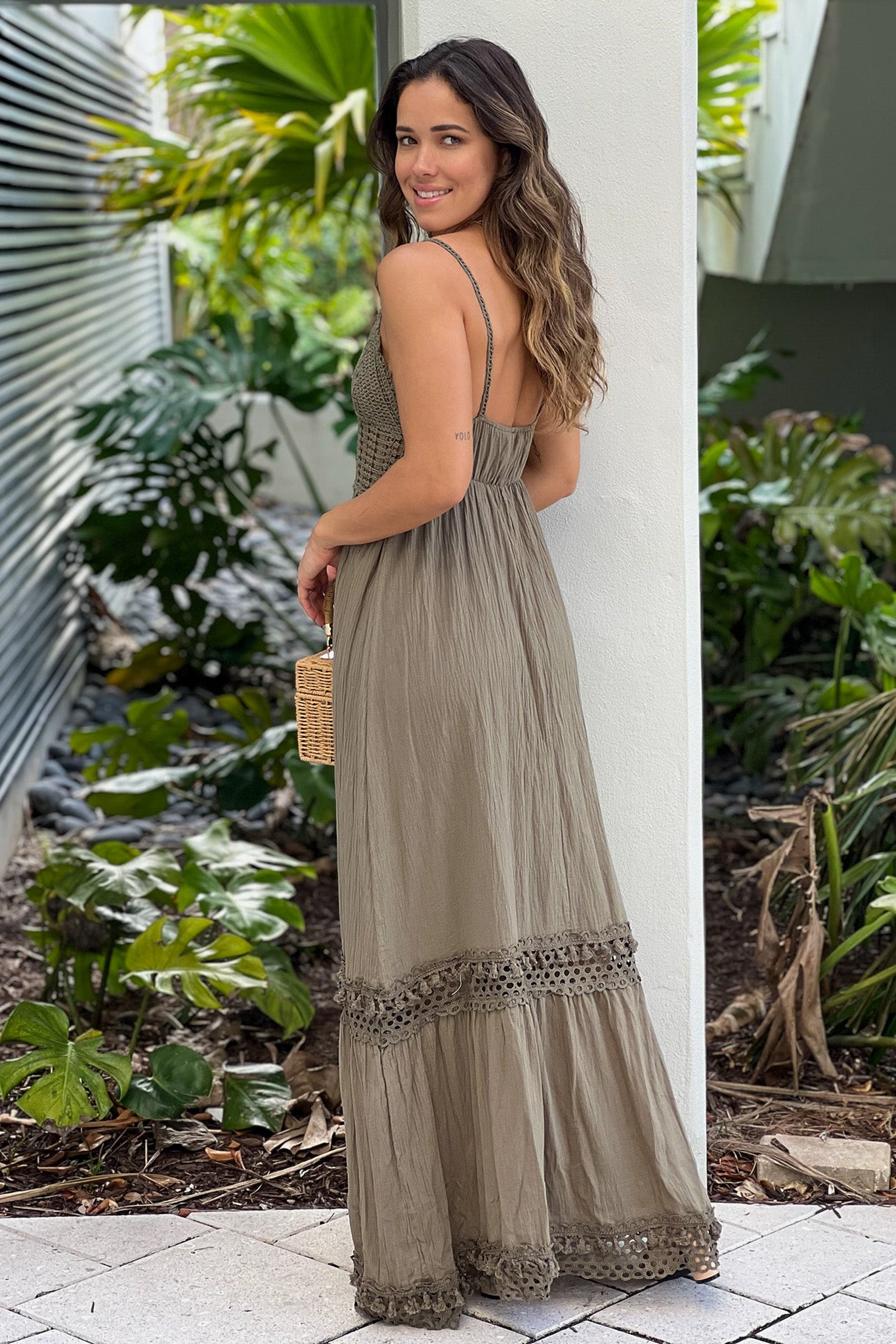 olive maxi dress with open back