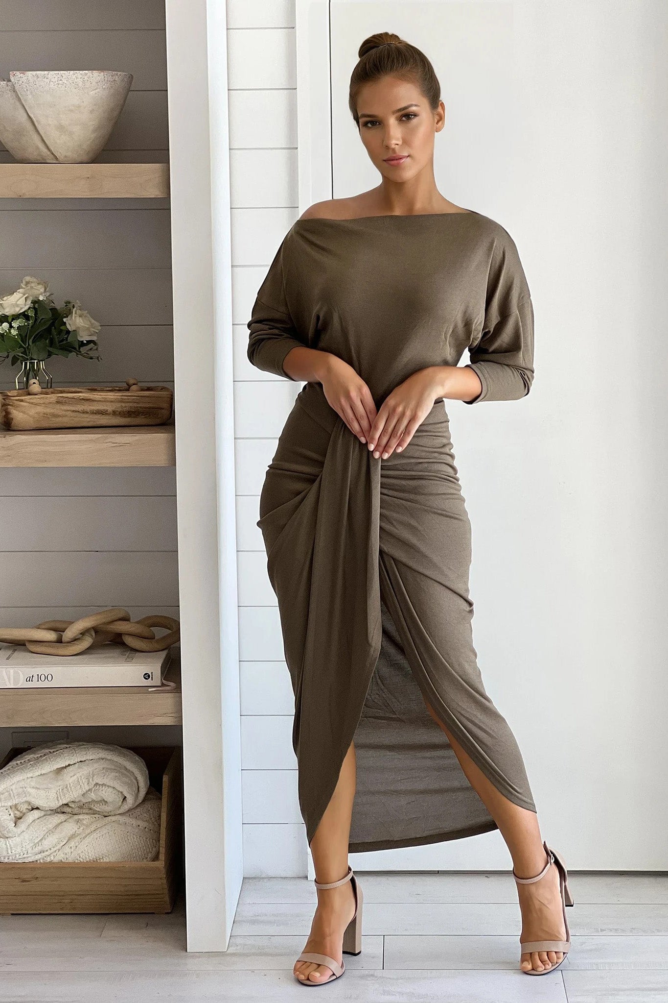 olive off shoulder ruched dress