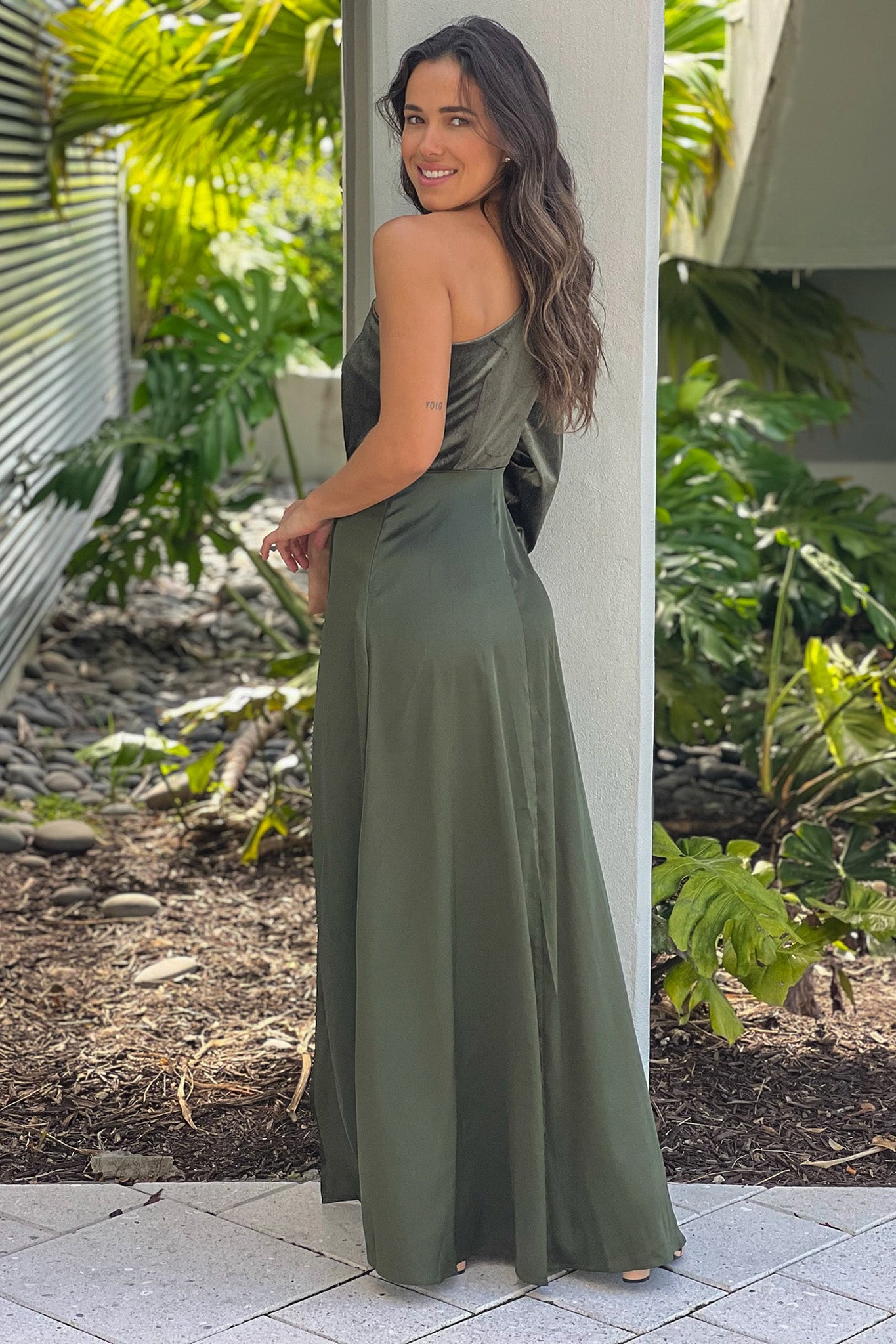 olive one shoulder maxi dress