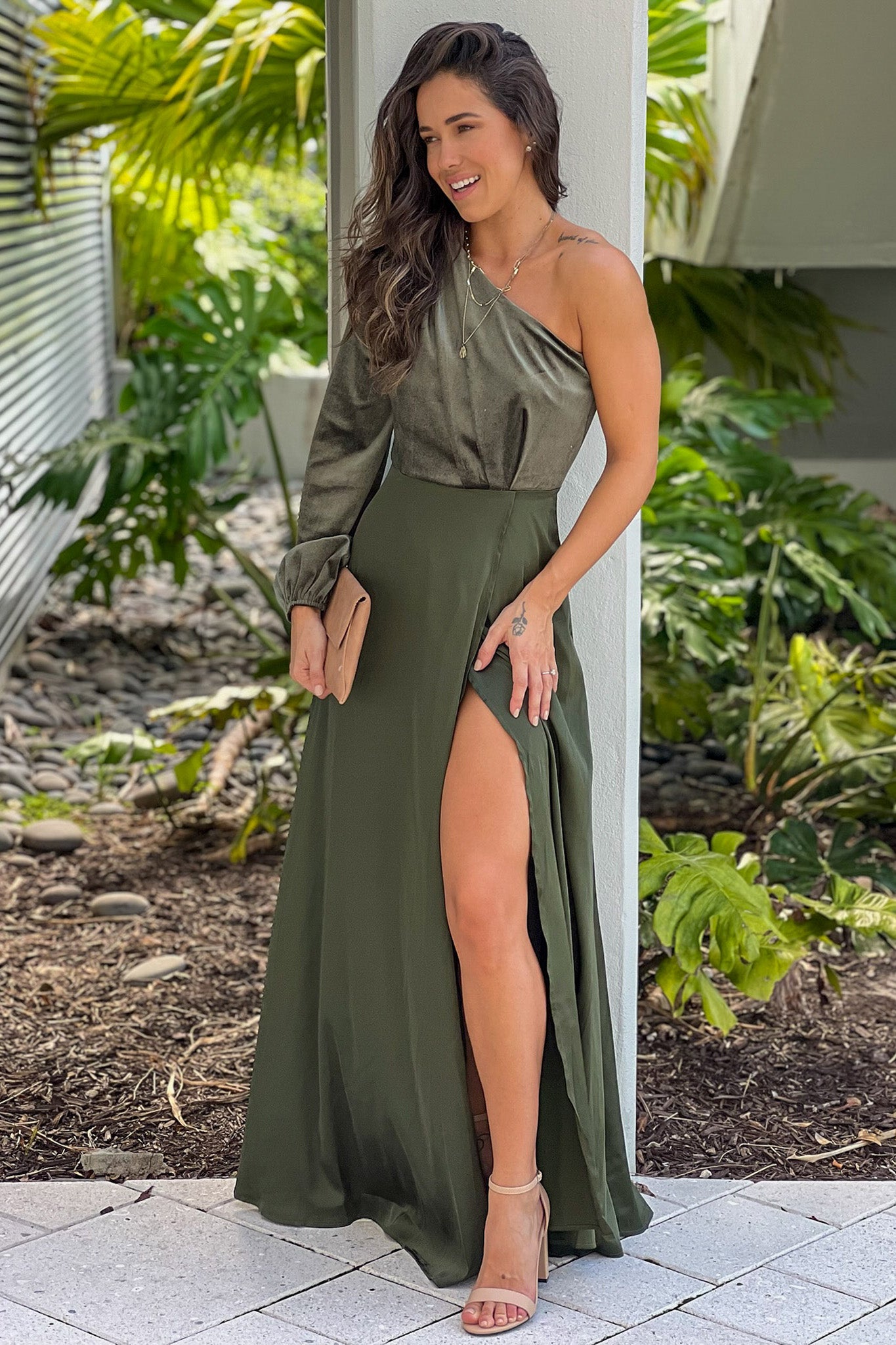 olive one shoulder velvet maxi dress