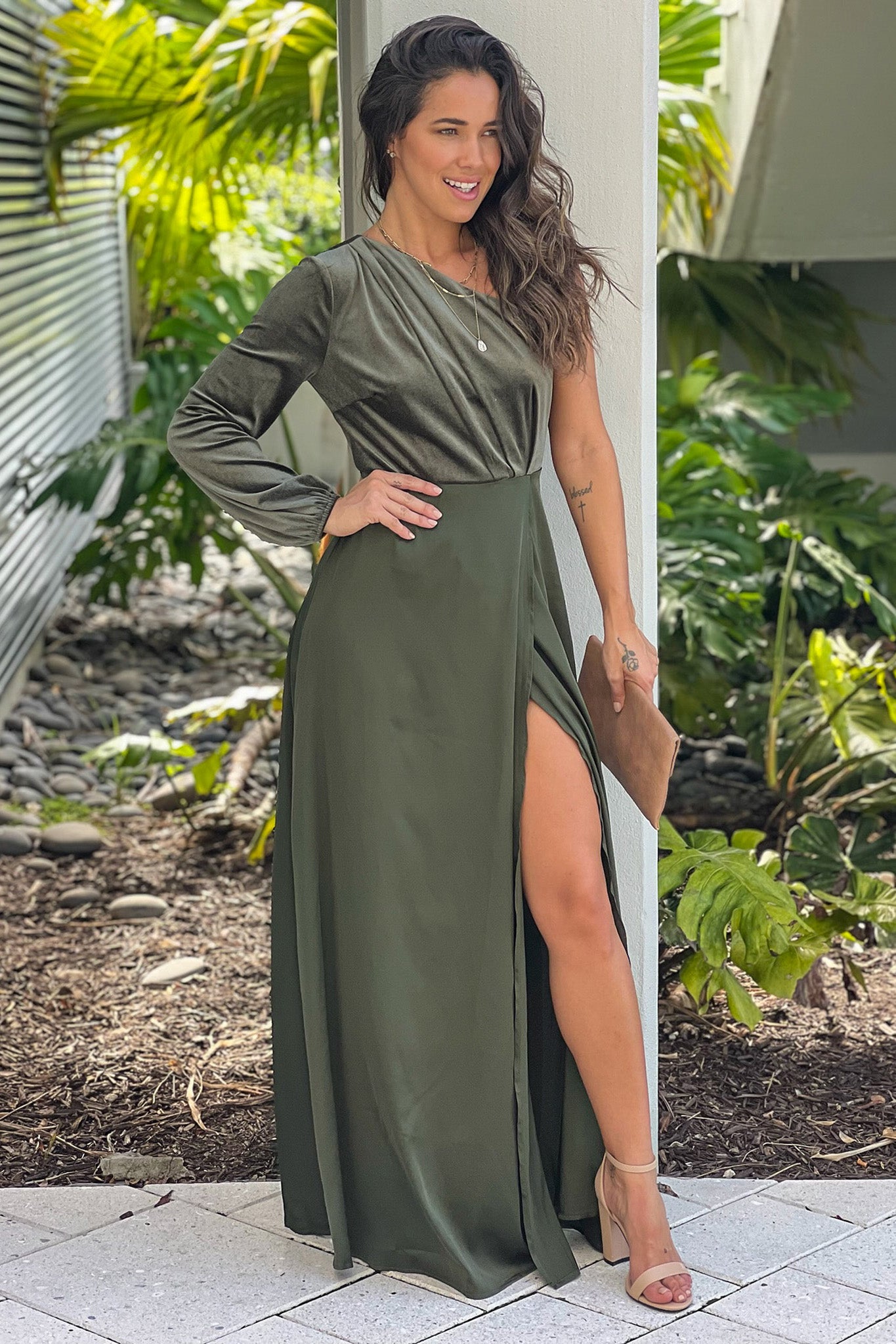 olive one shoulder wedding guest maxi dress