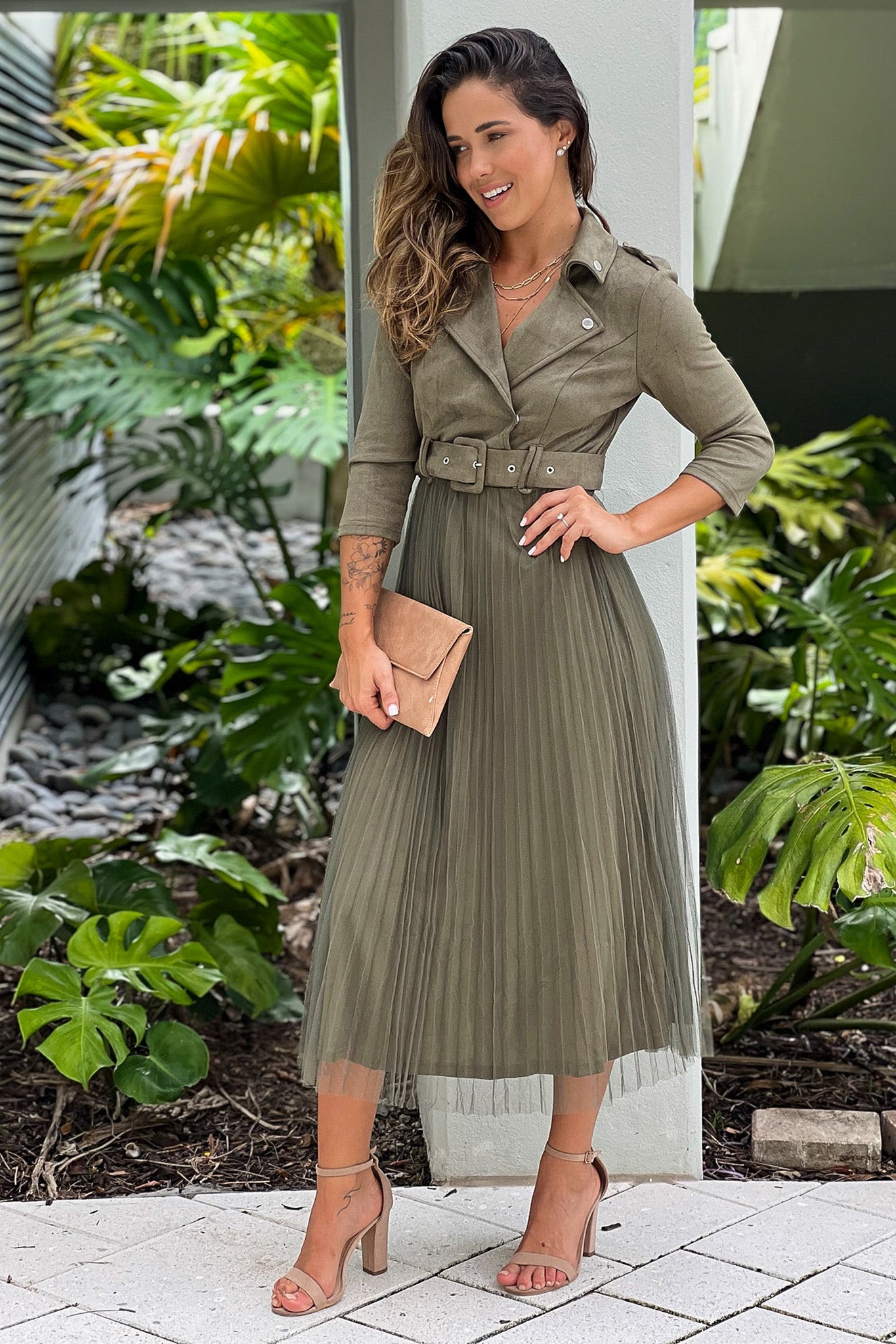 olive pleated skirt and suede top dress