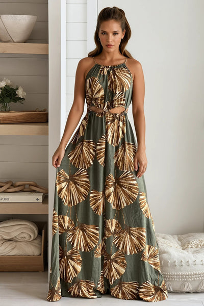 olive printed cut out maxi dress