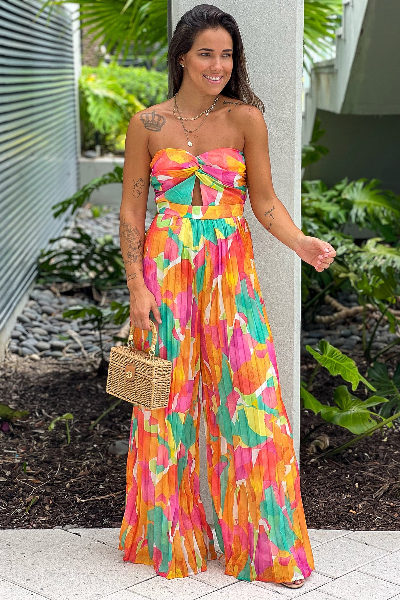 orange printed strapless jumpsuit