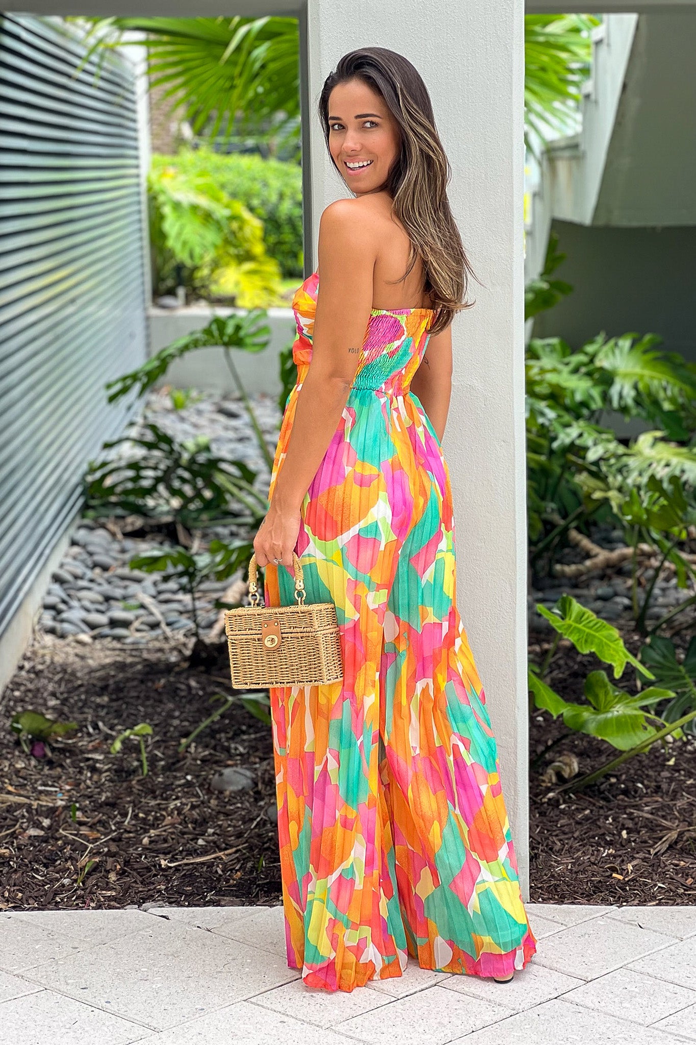 orange strapless jumpsuit