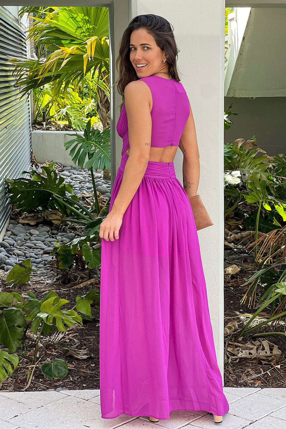 Orchid V-Neck Maxi Dress With Slit And Pleated Top Detail | Maxi Dresses   Saved by the Dress