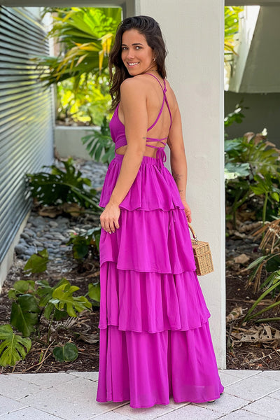 orchid layered maxi dress with criss cross back