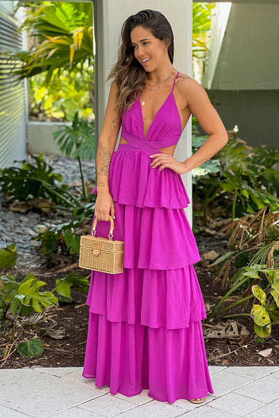 orchid layered maxi dress with cut outs