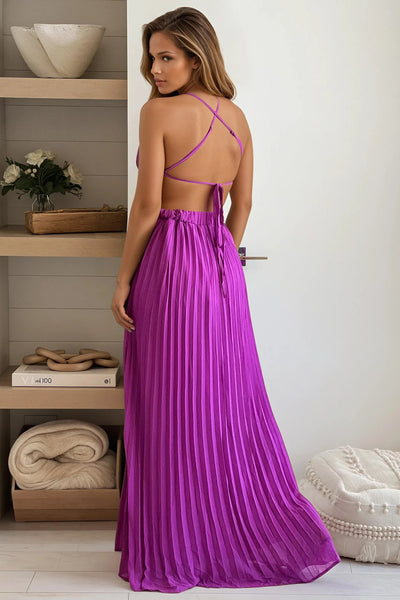 orchid pleated maxi dress with criss cross back