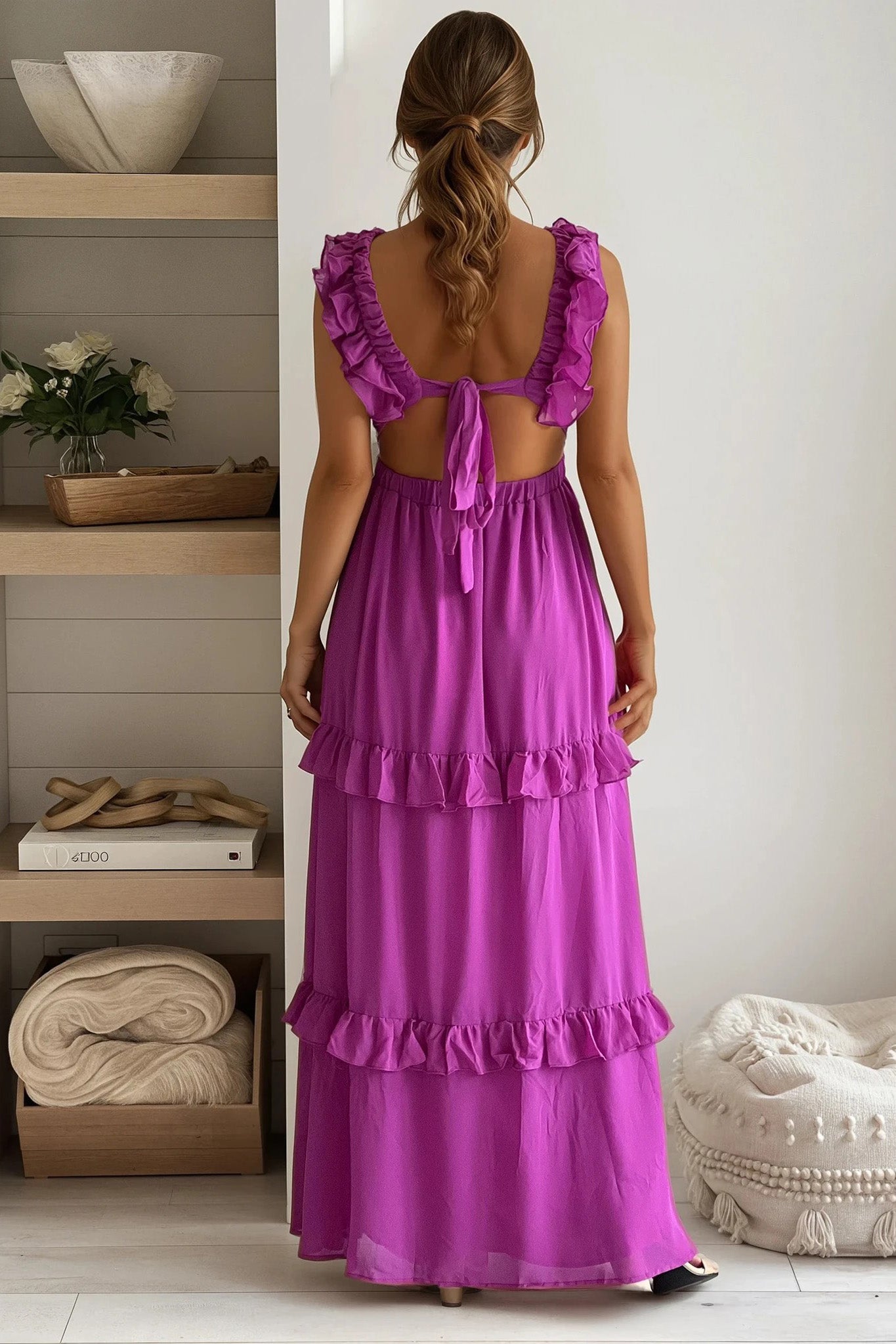 orchid ruffled maxi dress with tie back
