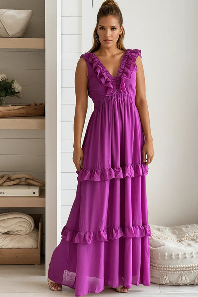 orchid ruffled summer maxi dress