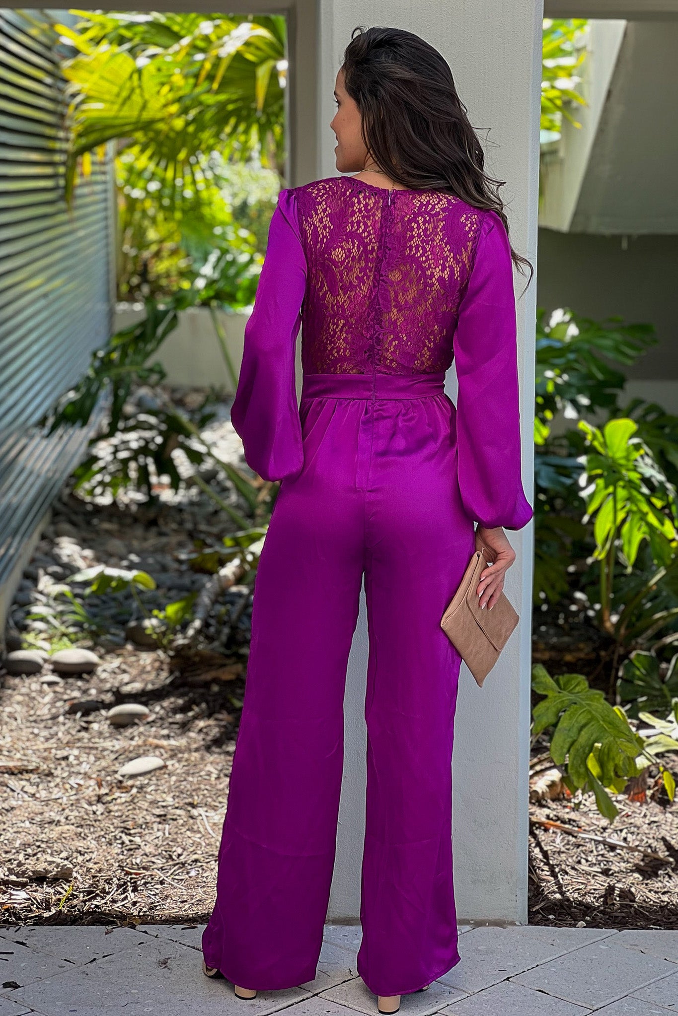 orchid satin jumpsuit with pockets