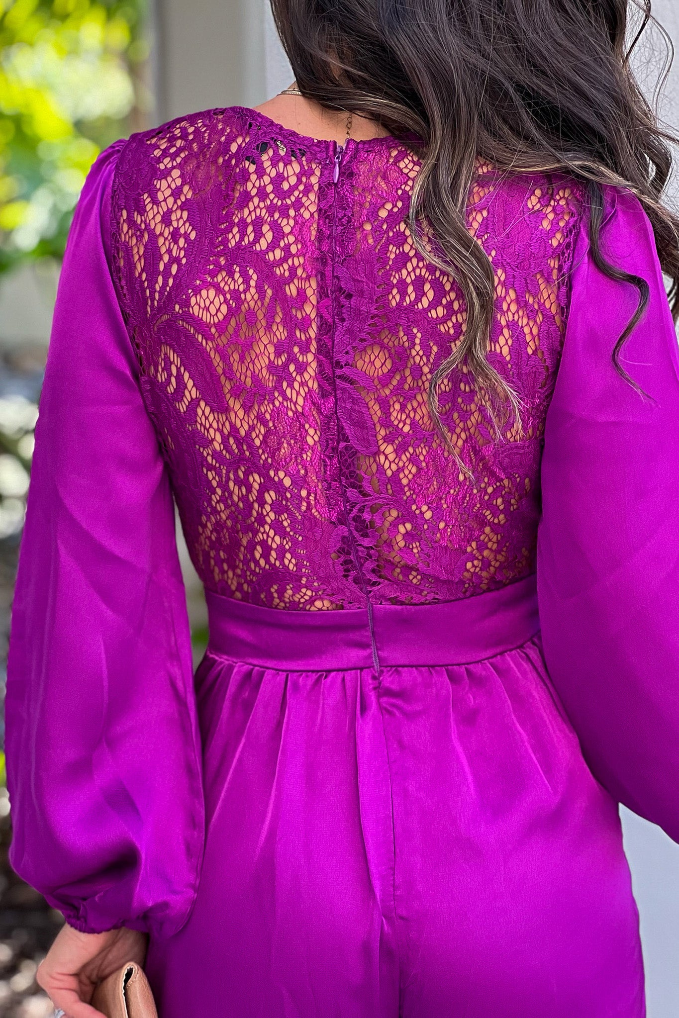 orchid satin lace back jumpsuit