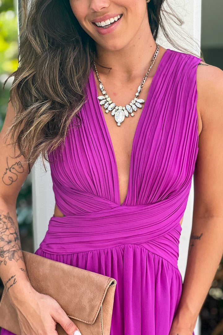 Orchid V-Neck Maxi Dress With Slit And Pleated Top Detail