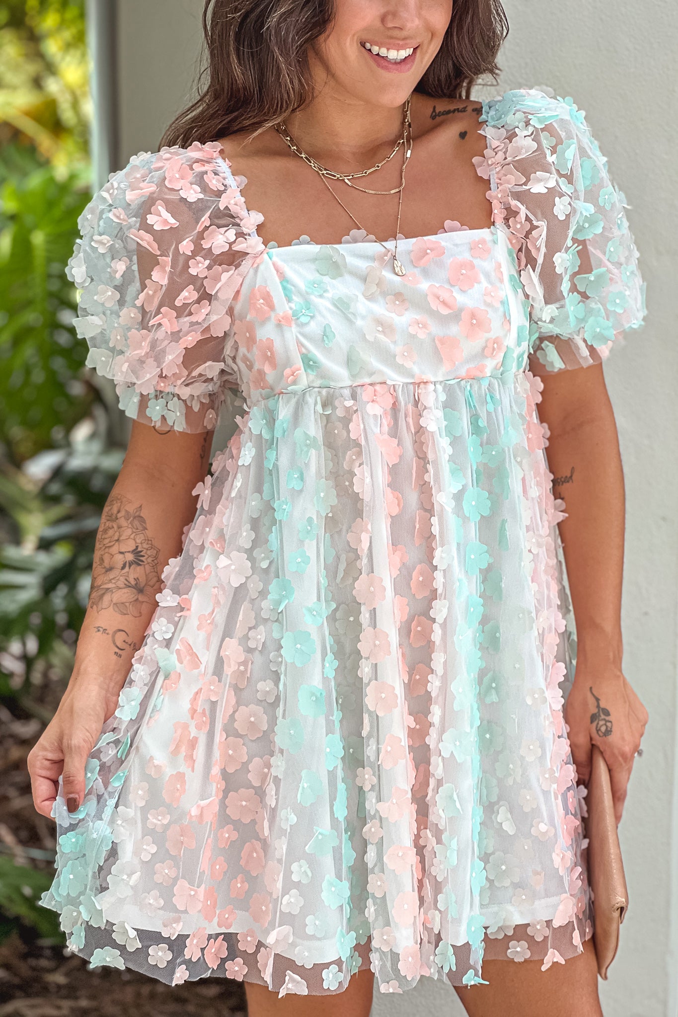 peach and mint flower embellished babydoll dress with pockets