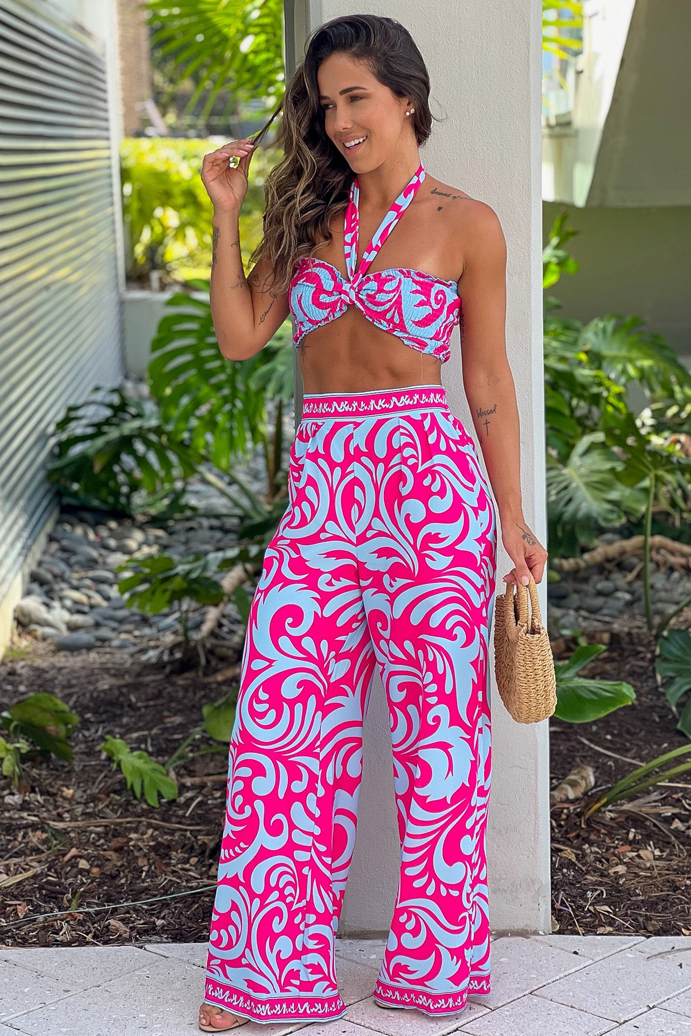 pink and blue printed halter neck top and pants set
