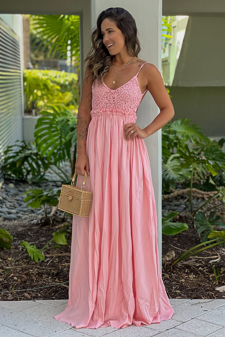 pink crochet maxi dress Top With Open Back and Frayed Hem Color:Sage/Silver Double-Strap Slip Dress - Its soft scoop neck filters:Army