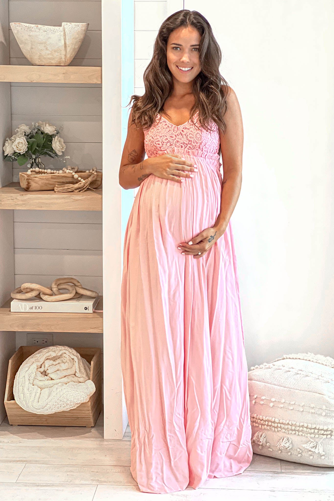 pink crochet top maternity maxi dress with open back