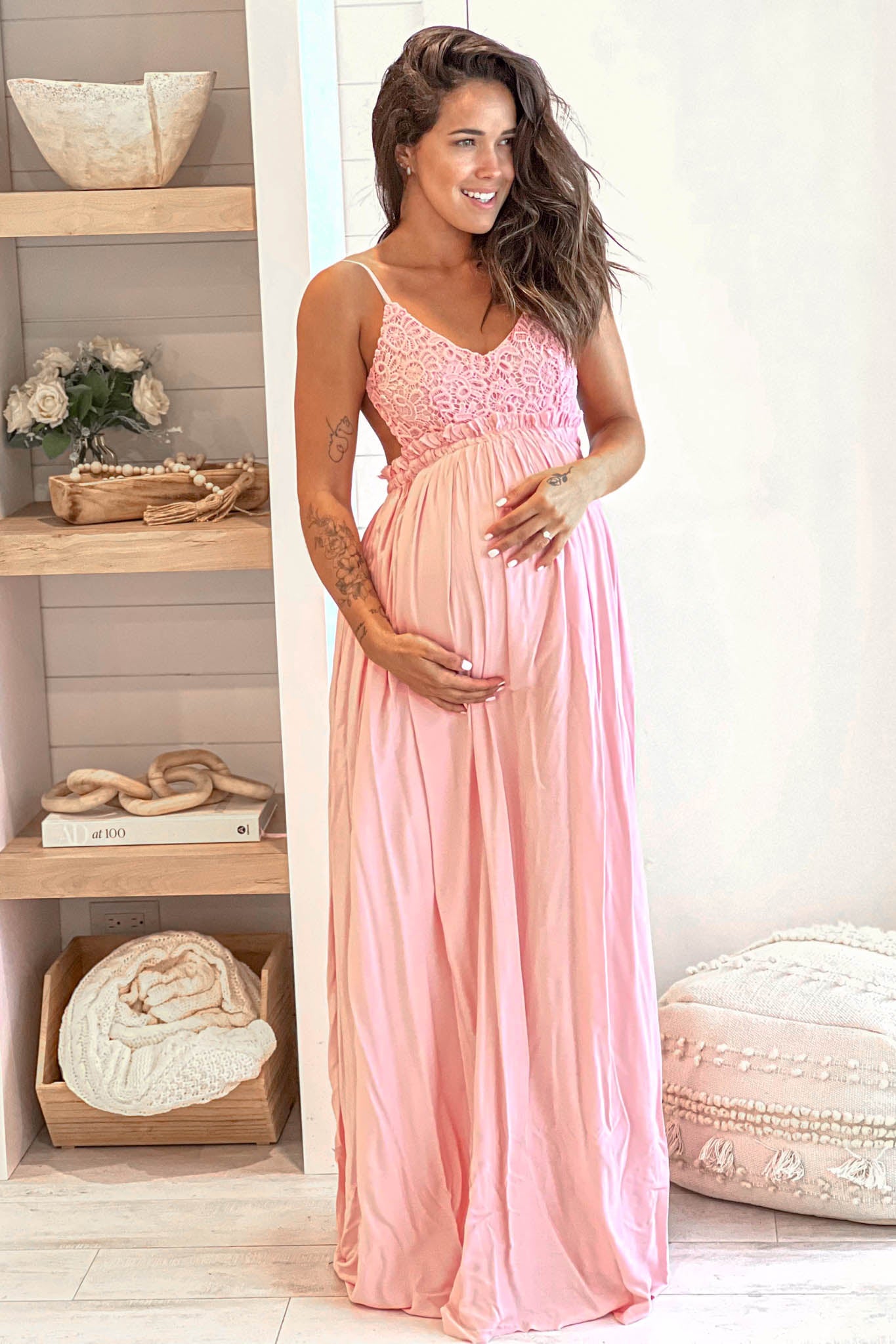 pink crochet top maternity maxi dress
