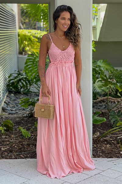 pink crochet top maxi dress with open back and frayed hem