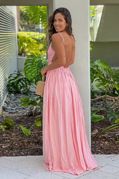 pink crochet top maxi dress with open back