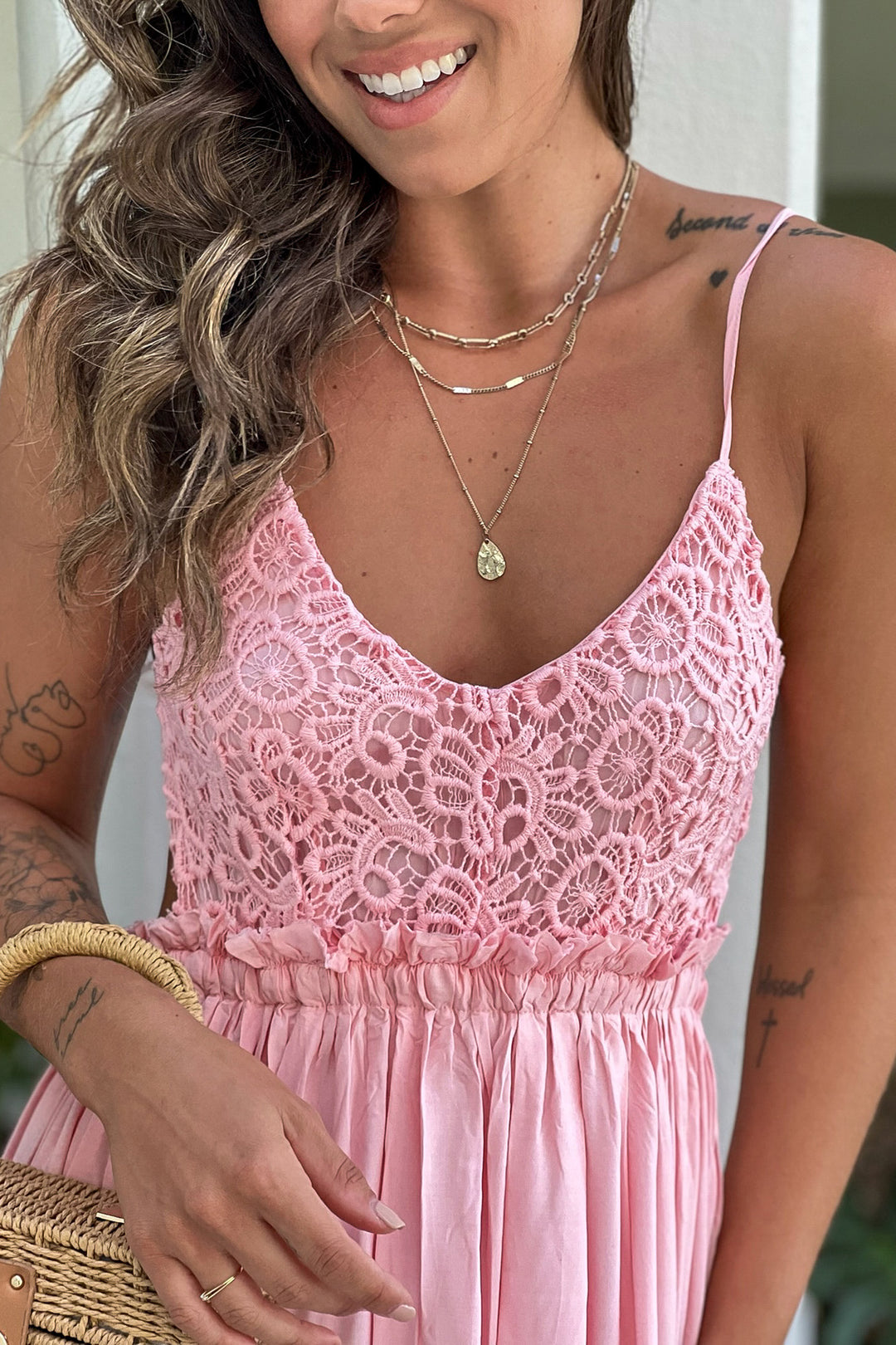 Pink Crochet Top Maxi Dress With Open Back and Frayed Hem | Maxi Dresses   Saved by the Dress