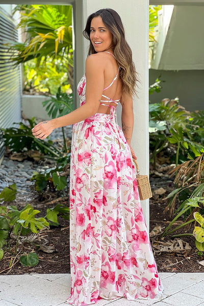 pink floral maxi dress with criss cross back