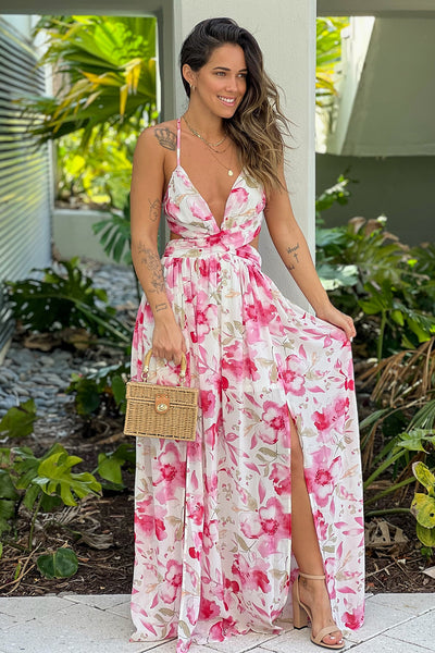pink floral maxi dress with cut outs and slit