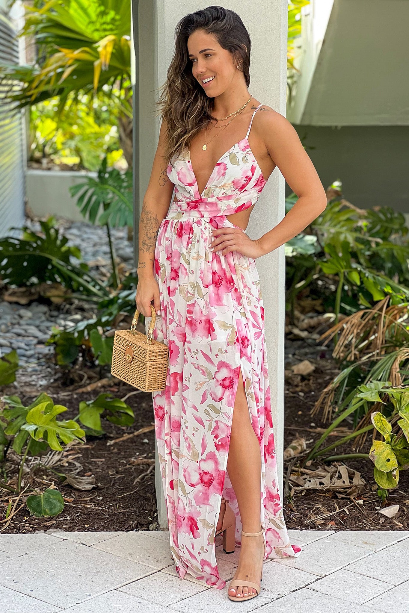 Pink Floral Maxi Dress With Cut Outs And Slit | Maxi Dresses – Saved by ...