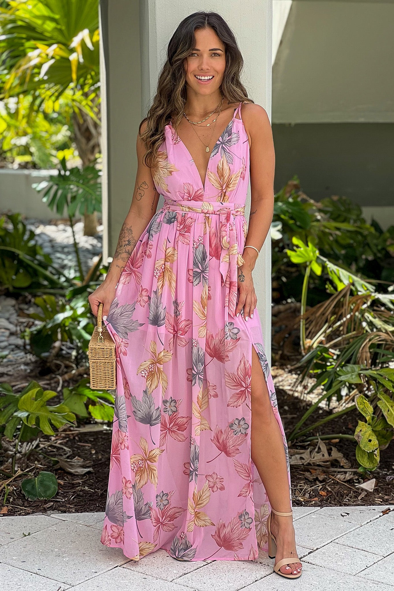 Pink Printed Maxi Dress With Slit | Maxi Dresses – Saved by the Dress